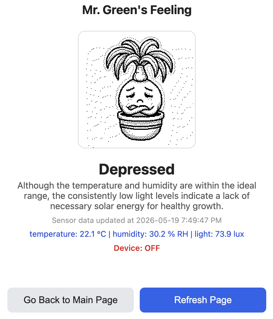 The OAT status page showing the avatar's current mood and the reason behind it